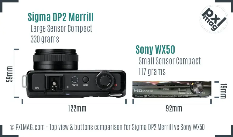Sigma DP2 Merrill vs Sony WX50 top view buttons comparison