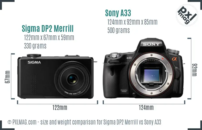 Sigma DP2 Merrill vs Sony A33 size comparison