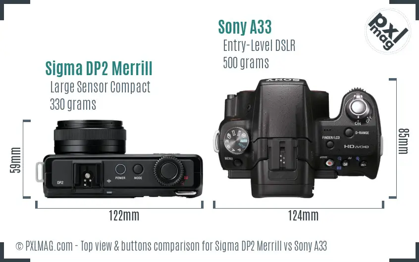 Sigma DP2 Merrill vs Sony A33 top view buttons comparison