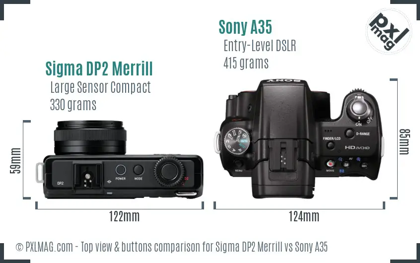 Sigma DP2 Merrill vs Sony A35 top view buttons comparison