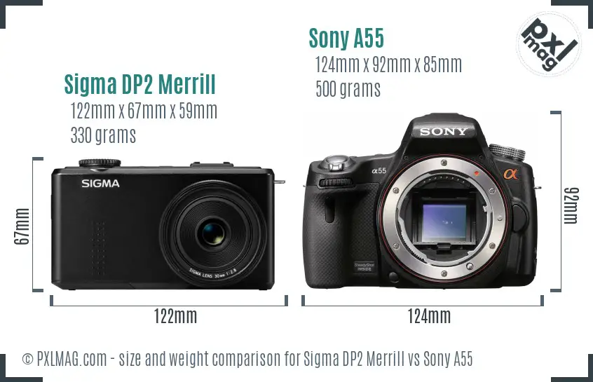 Sigma DP2 Merrill vs Sony A55 size comparison