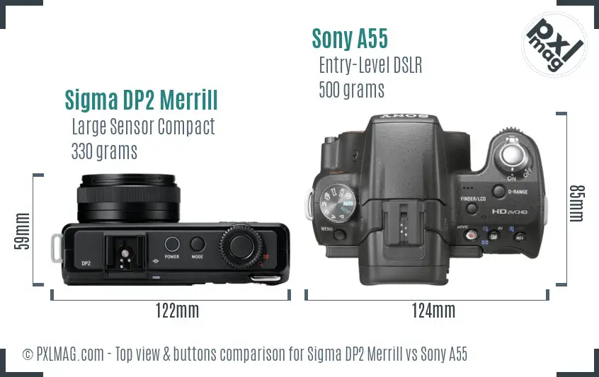 Sigma DP2 Merrill vs Sony A55 top view buttons comparison