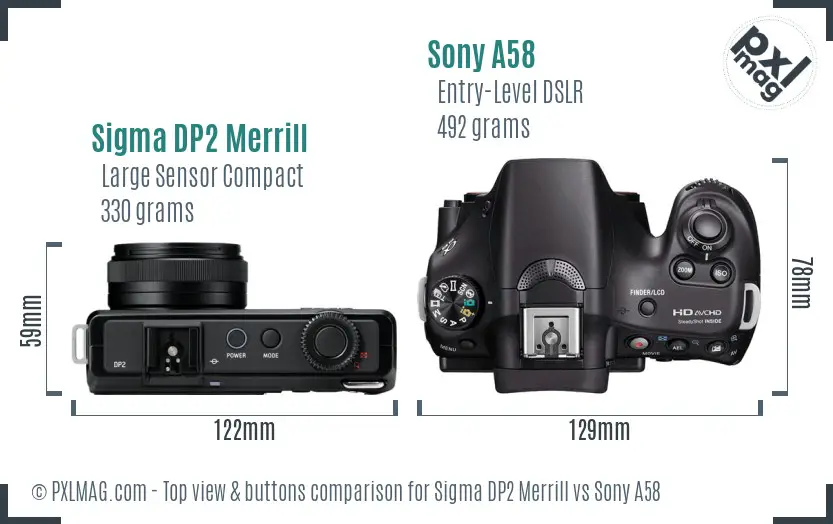 Sigma DP2 Merrill vs Sony A58 top view buttons comparison
