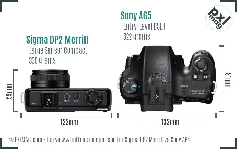 Sigma DP2 Merrill vs Sony A65 top view buttons comparison