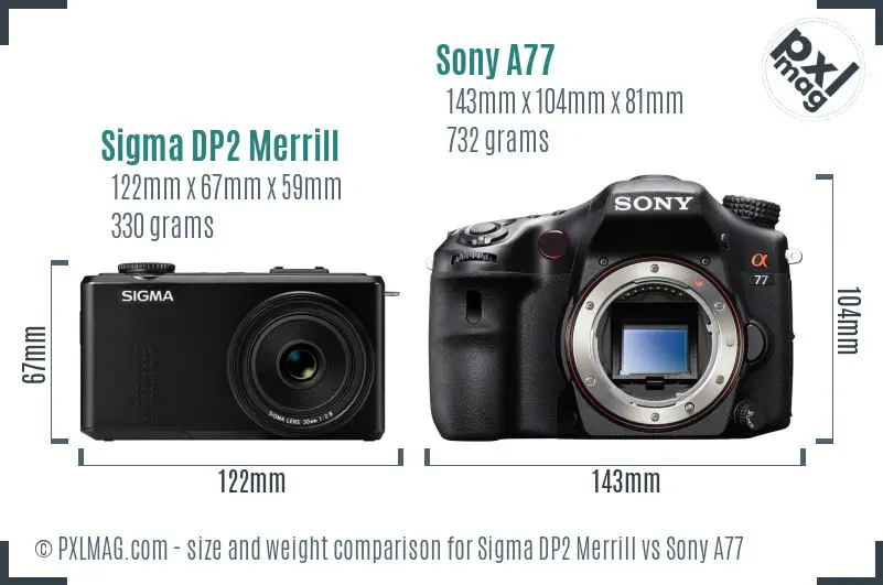 Sigma DP2 Merrill vs Sony A77 size comparison