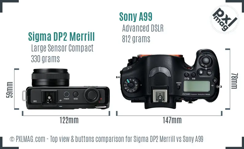 Sigma DP2 Merrill vs Sony A99 top view buttons comparison