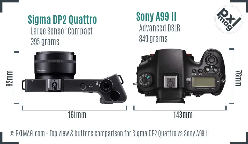 Sigma DP2 Quattro vs Sony A99 II top view buttons comparison