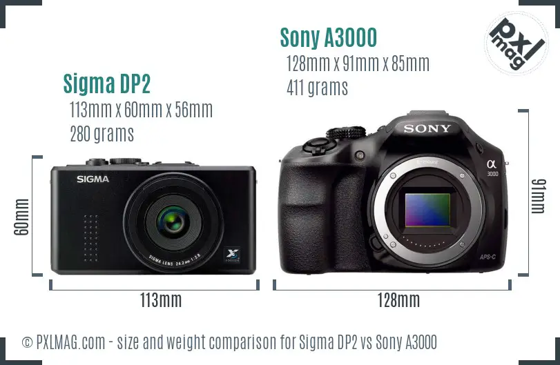 Sigma DP2 vs Sony A3000 size comparison