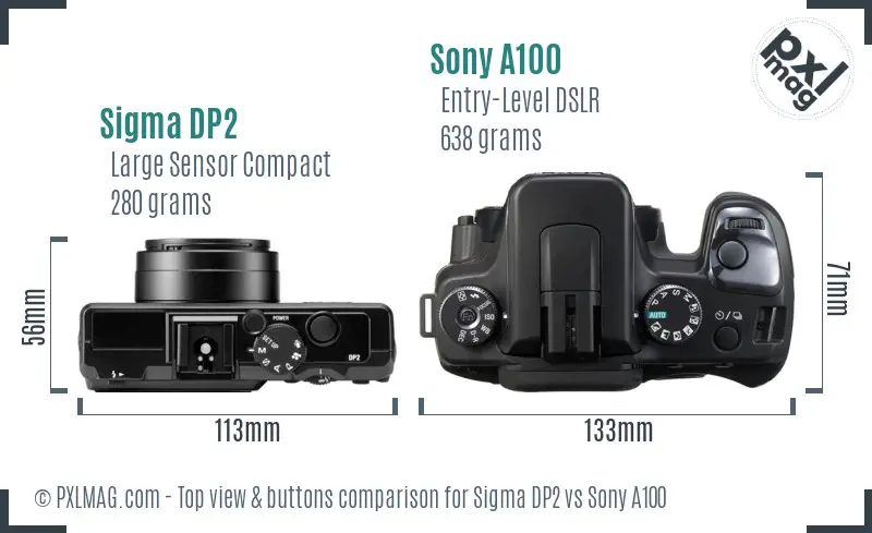 Sigma DP2 vs Sony A100 top view buttons comparison Sigma DP2 vs Sony A100 top view buttons comparison