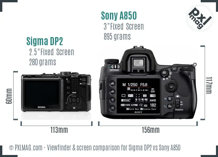 Sigma DP2 vs Sony A850 Screen and Viewfinder comparison