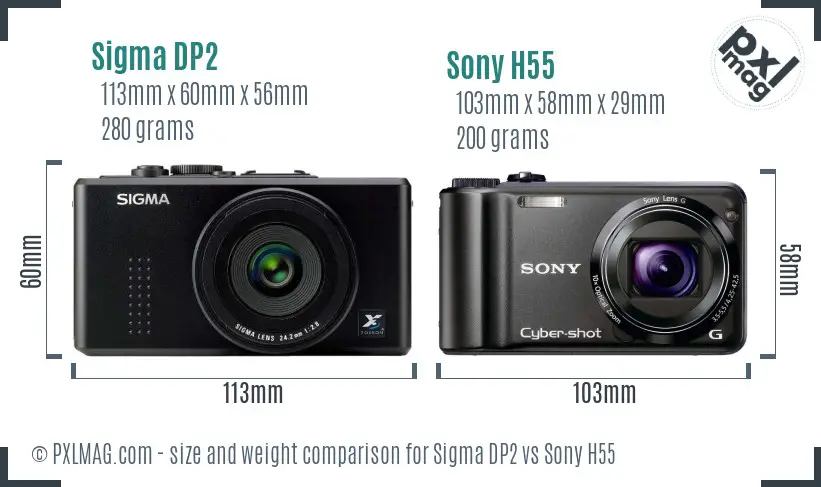 Sigma DP2 vs Sony H55 size comparison
