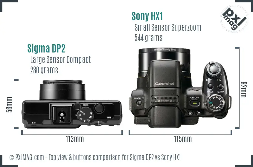 Sigma DP2 vs Sony HX1 top view buttons comparison Sigma DP2 vs Sony HX1 top view buttons comparison