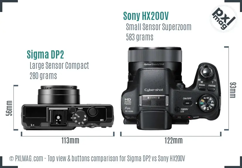 Sigma DP2 vs Sony HX200V top view buttons comparison