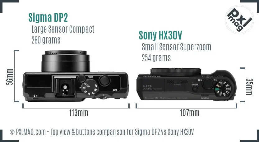 Sigma DP2 vs Sony HX30V top view buttons comparison Sigma DP2 vs Sony HX30V top view buttons comparison