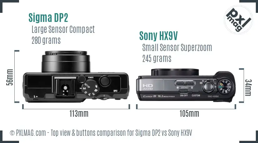 Sigma DP2 vs Sony HX9V top view buttons comparison