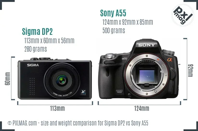 Sigma DP2 vs Sony A55 size comparison