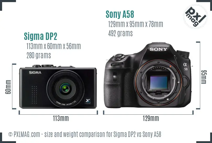 Sigma DP2 vs Sony A58 size comparison