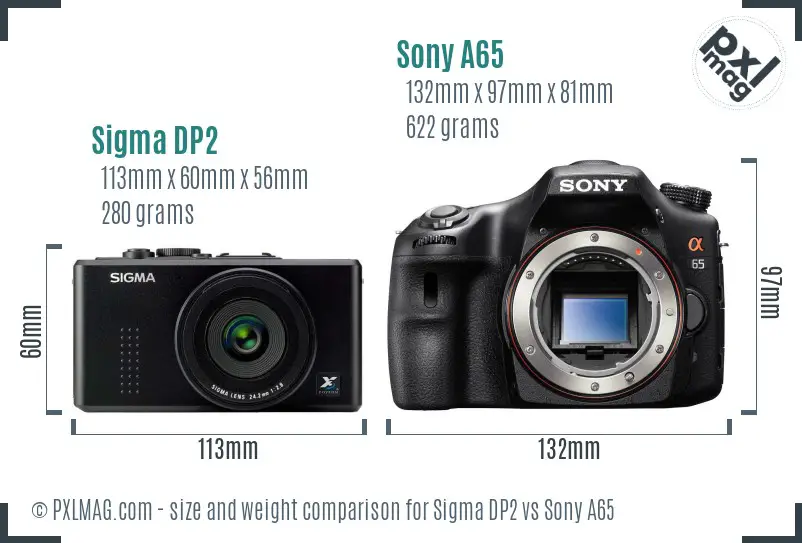 Sigma DP2 vs Sony A65 size comparison