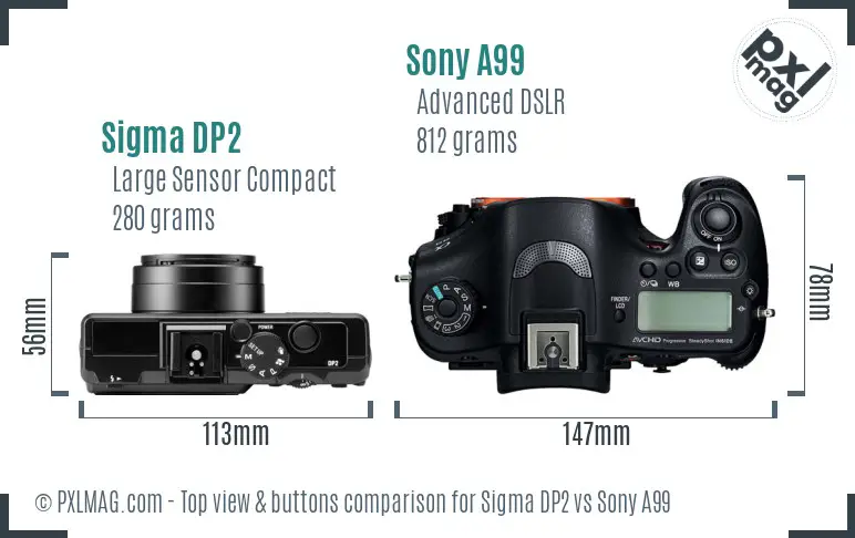 Sigma DP2 vs Sony A99 top view buttons comparison