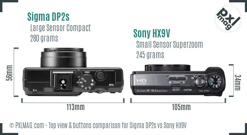 Sigma DP2s vs Sony HX9V top view buttons comparison
