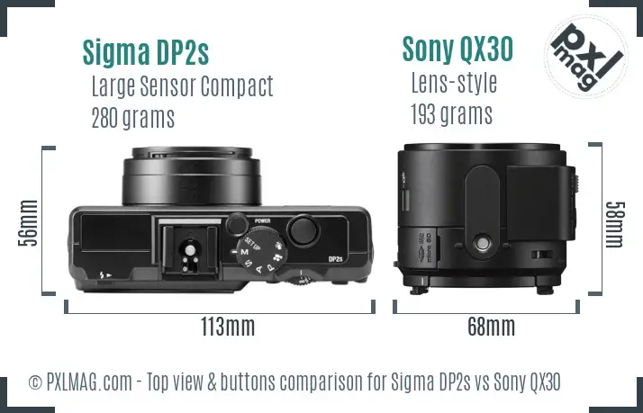 Sigma DP2s vs Sony QX30 top view buttons comparison