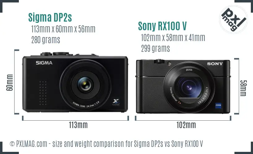 Sigma DP2s vs Sony RX100 V size comparison