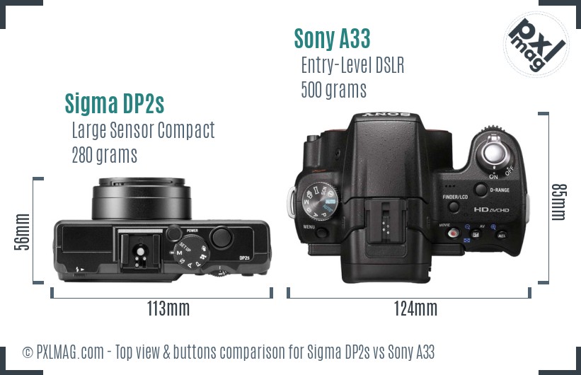 Sigma DP2s vs Sony A33 top view buttons comparison