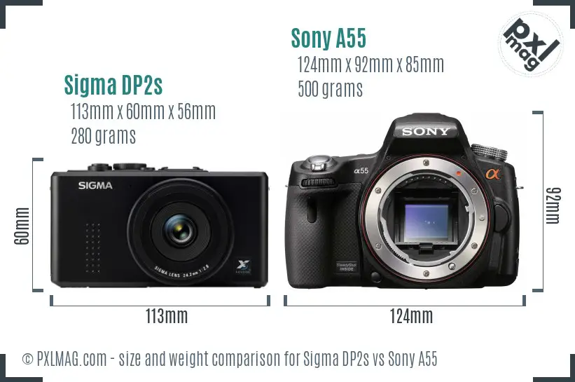 Sigma DP2s vs Sony A55 size comparison