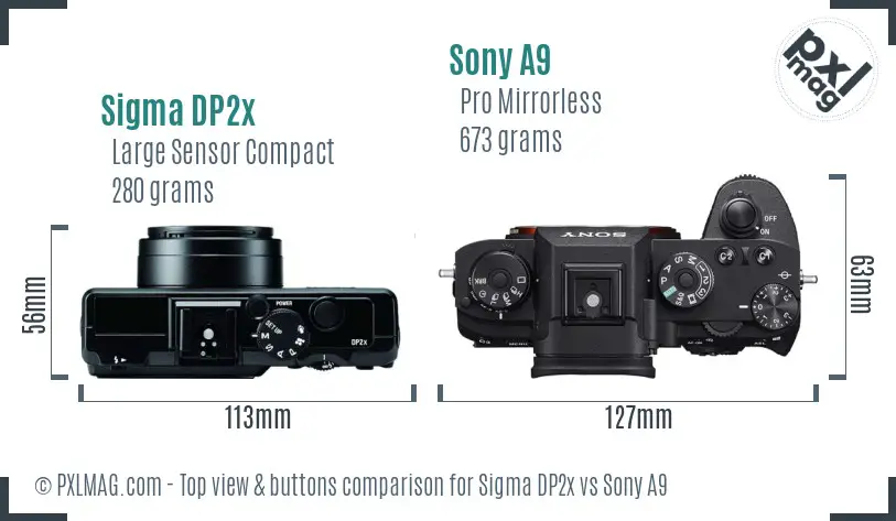 Sigma DP2x vs Sony A9 top view buttons comparison Sigma DP2x vs Sony A9 top view buttons comparison