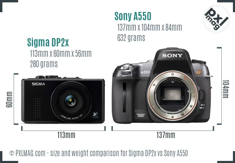 Sigma DP2x vs Sony A550 size comparison