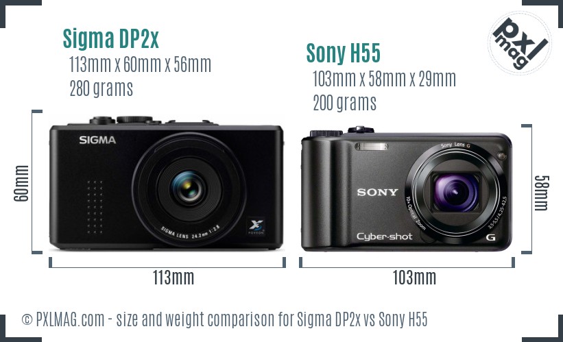 Sigma DP2x vs Sony H55 size comparison