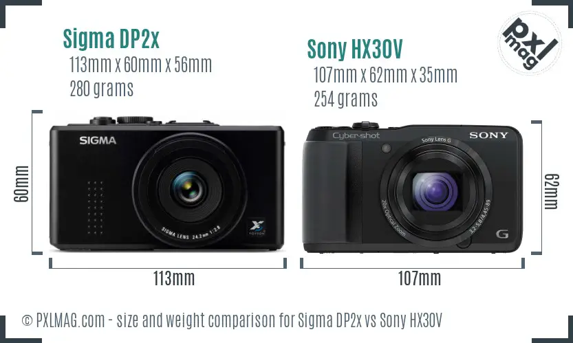 Sigma DP2x vs Sony HX30V size comparison