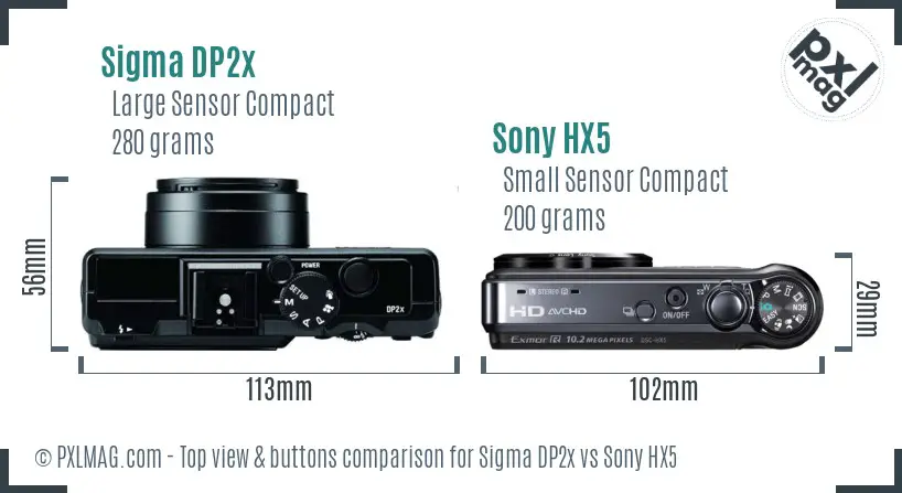 Sigma DP2x vs Sony HX5 top view buttons comparison Sigma DP2x vs Sony HX5 top view buttons comparison