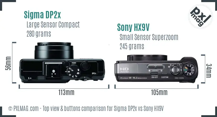 Sigma DP2x vs Sony HX9V top view buttons comparison Sigma DP2x vs Sony HX9V top view buttons comparison