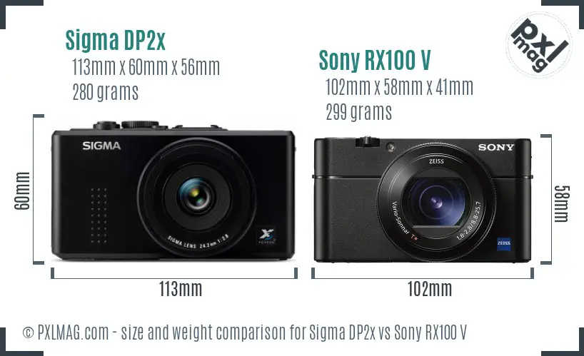 Sigma DP2x vs Sony RX100 V size comparison