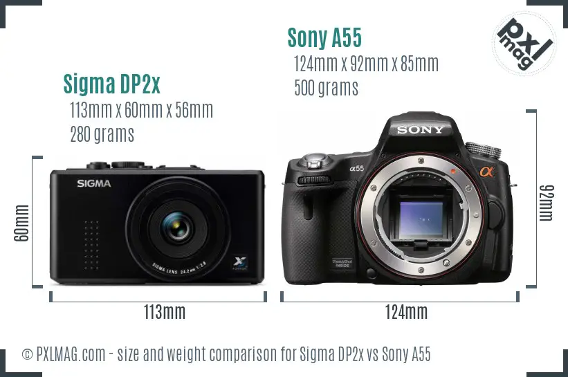 Sigma DP2x vs Sony A55 size comparison