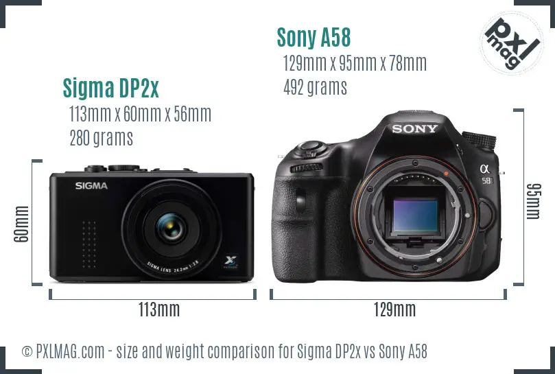 Sigma DP2x vs Sony A58 size comparison