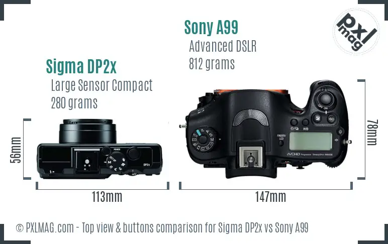 Sigma DP2x vs Sony A99 top view buttons comparison