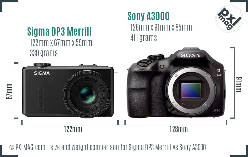 Sigma DP3 Merrill vs Sony A3000 size comparison