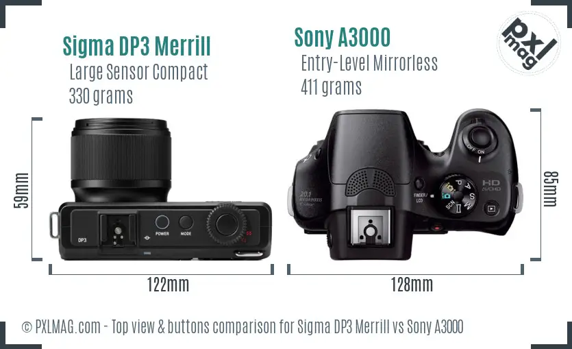 Sigma DP3 Merrill vs Sony A3000 top view buttons comparison