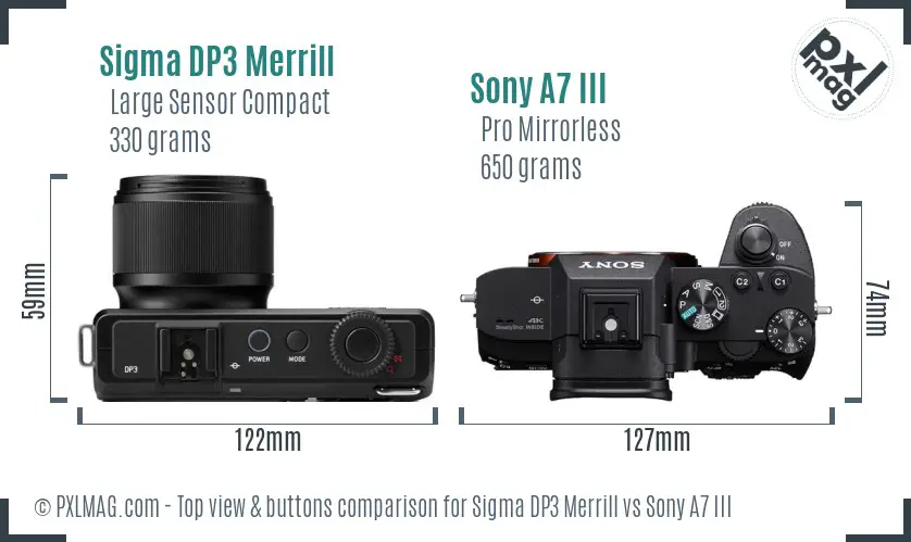 Sigma DP3 Merrill vs Sony A7 III top view buttons comparison Sigma DP3 Merrill vs Sony A7 III top view buttons comparison