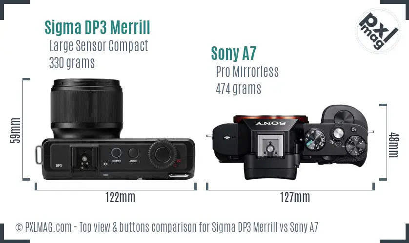 Sigma DP3 Merrill vs Sony A7 top view buttons comparison
