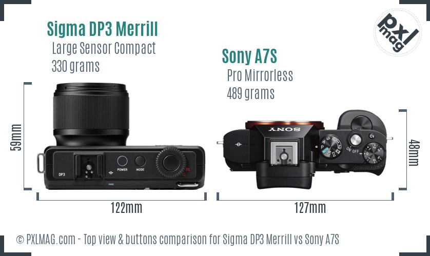 Sigma DP3 Merrill vs Sony A7S top view buttons comparison