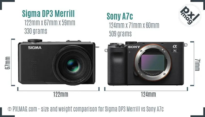 Sigma DP3 Merrill vs Sony A7c size comparison
