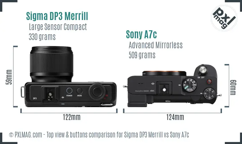 Sigma DP3 Merrill vs Sony A7c top view buttons comparison