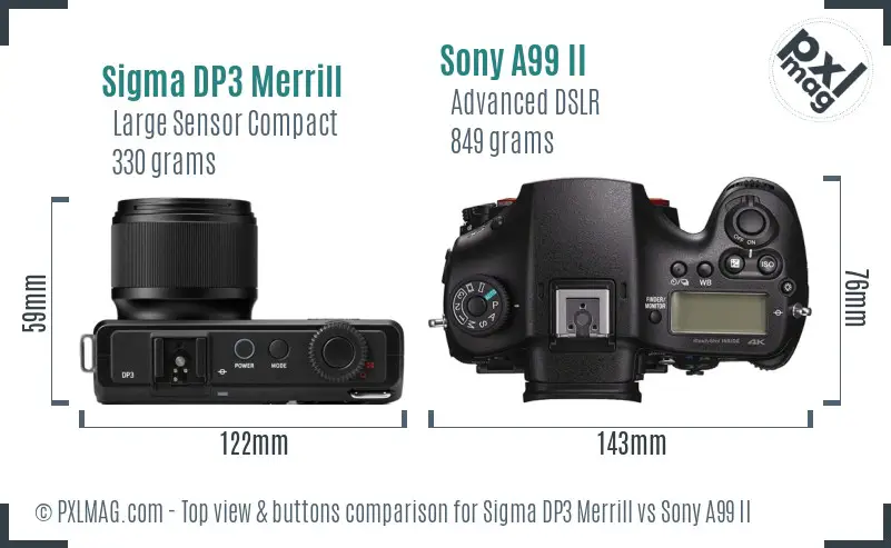 Sigma DP3 Merrill vs Sony A99 II top view buttons comparison