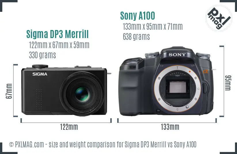 Sigma DP3 Merrill vs Sony A100 size comparison