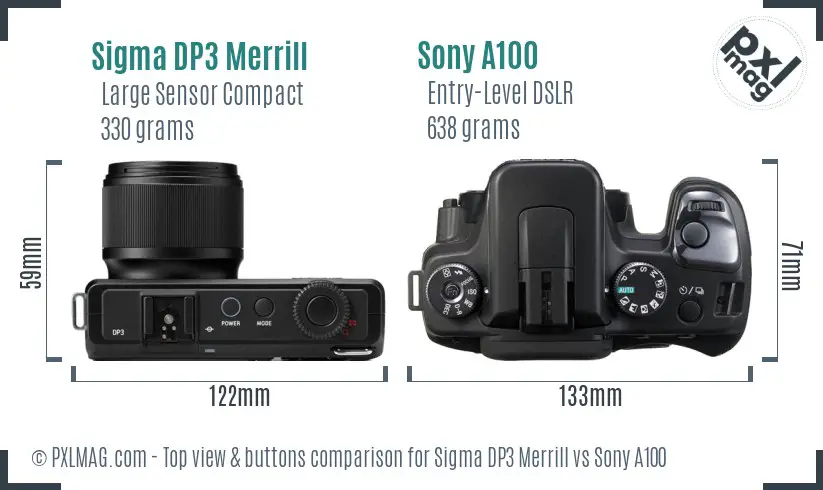 Sigma DP3 Merrill vs Sony A100 top view buttons comparison