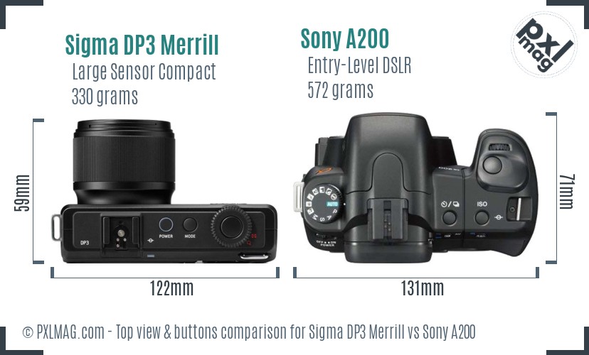 Sigma DP3 Merrill vs Sony A200 top view buttons comparison