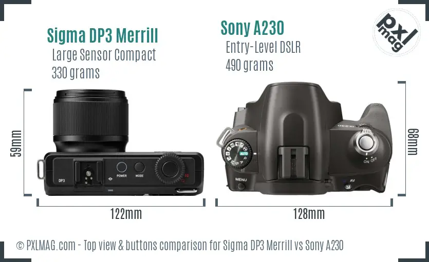 Sigma DP3 Merrill vs Sony A230 top view buttons comparison